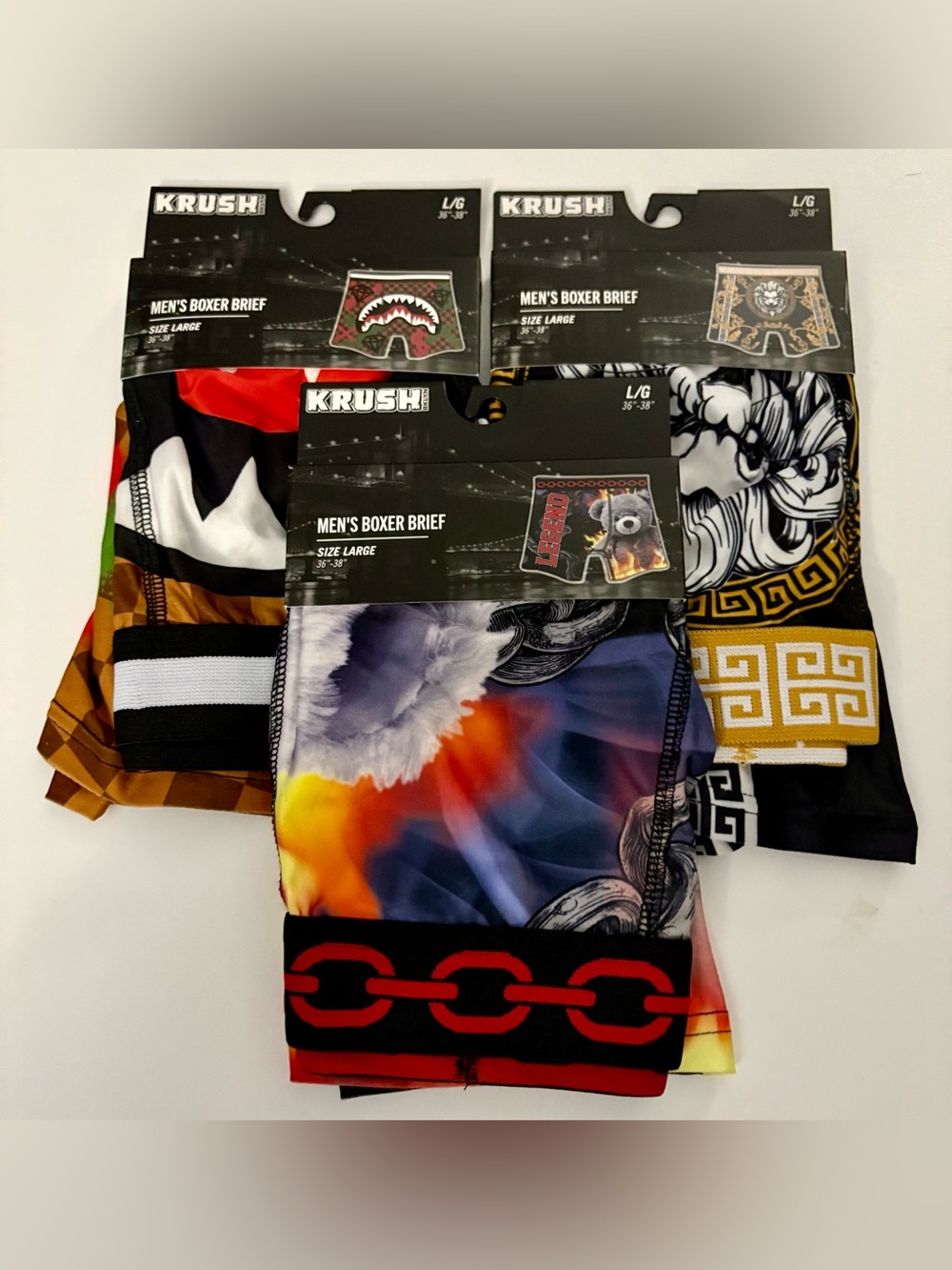 3 Pairs NEW In Pkg Lion Chains Teddy Bear & Fangs  Boxer Briefs Men's Size LARGE